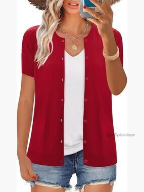 Short Sleeve Button Cardigan Crewneck Knit Shrug Sweater Tops Lightweight